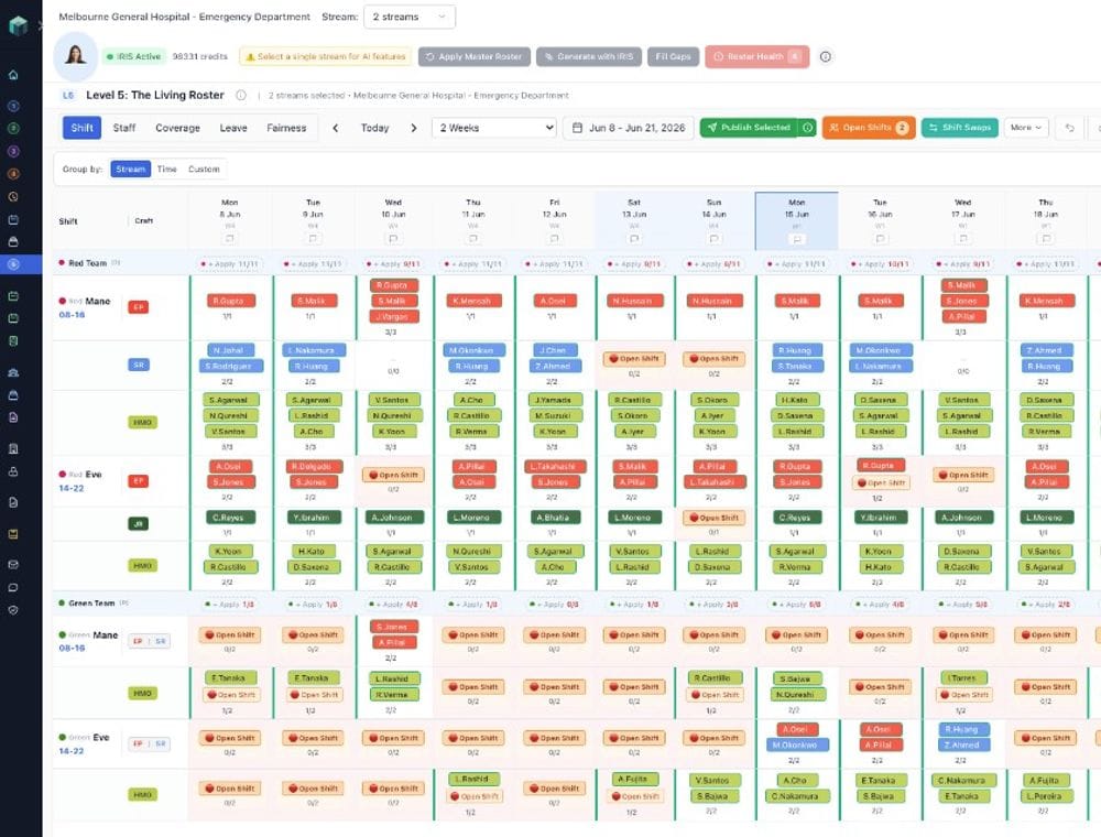 IRIS product screenshot (live roster)